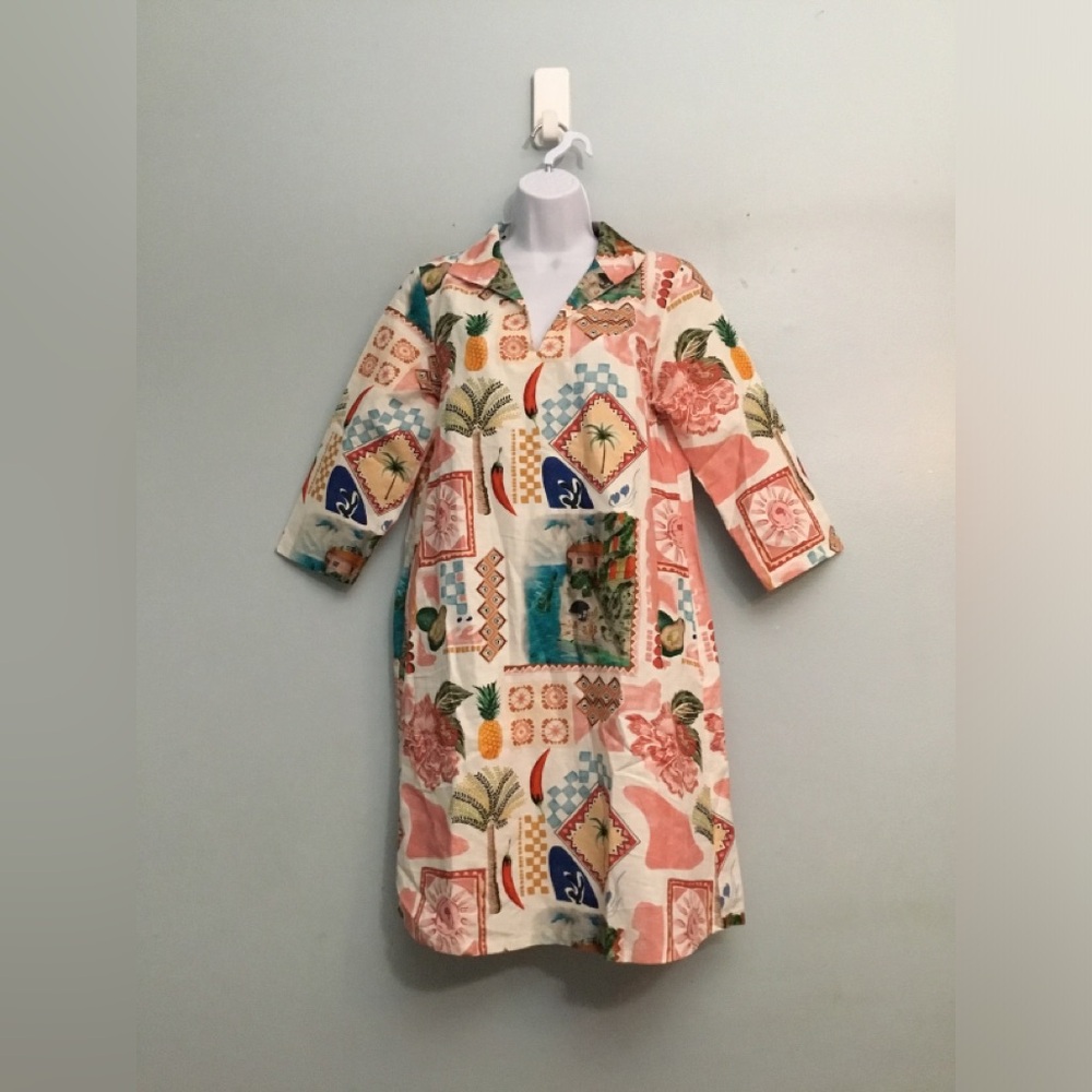 Tropical Patchwork Shift Dress - Cream & Coral - Picture 11 of 16